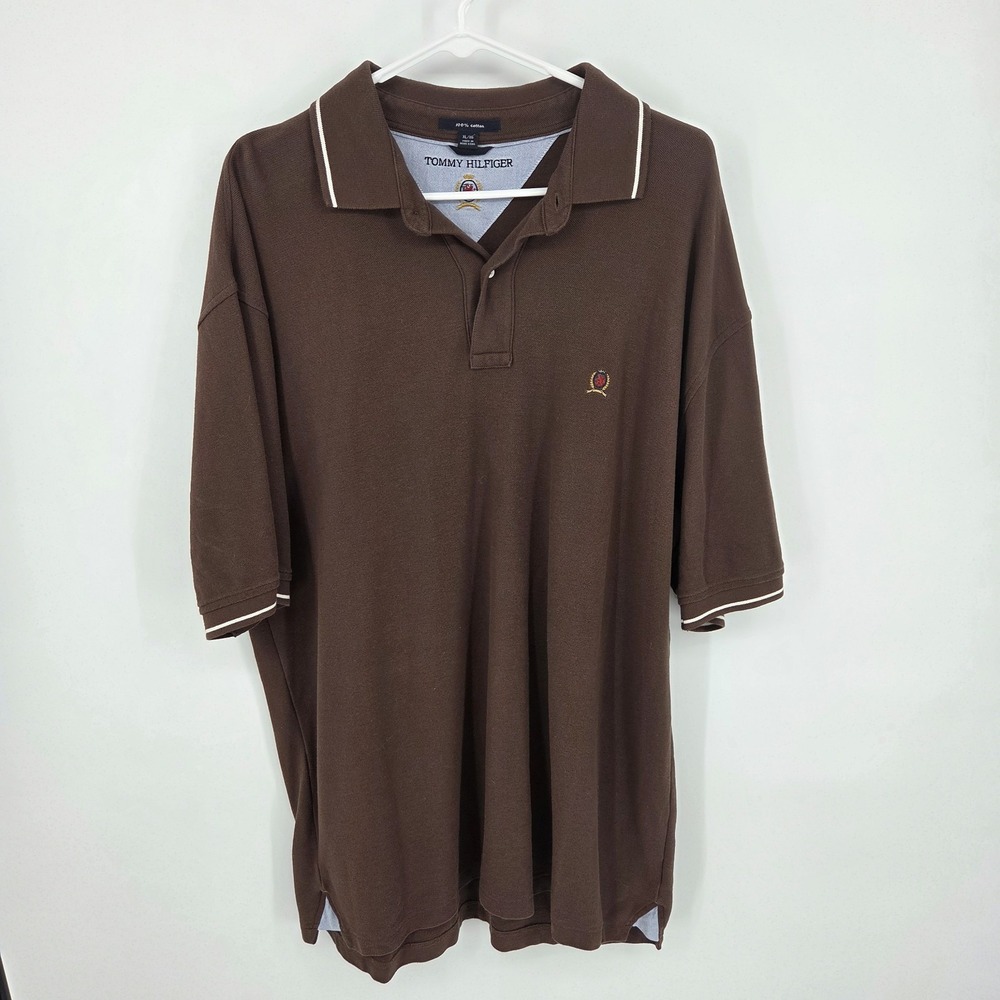 Tommy Hilfiger Mens Polo Shirt XL Brown Crest Logo Pique Y2K